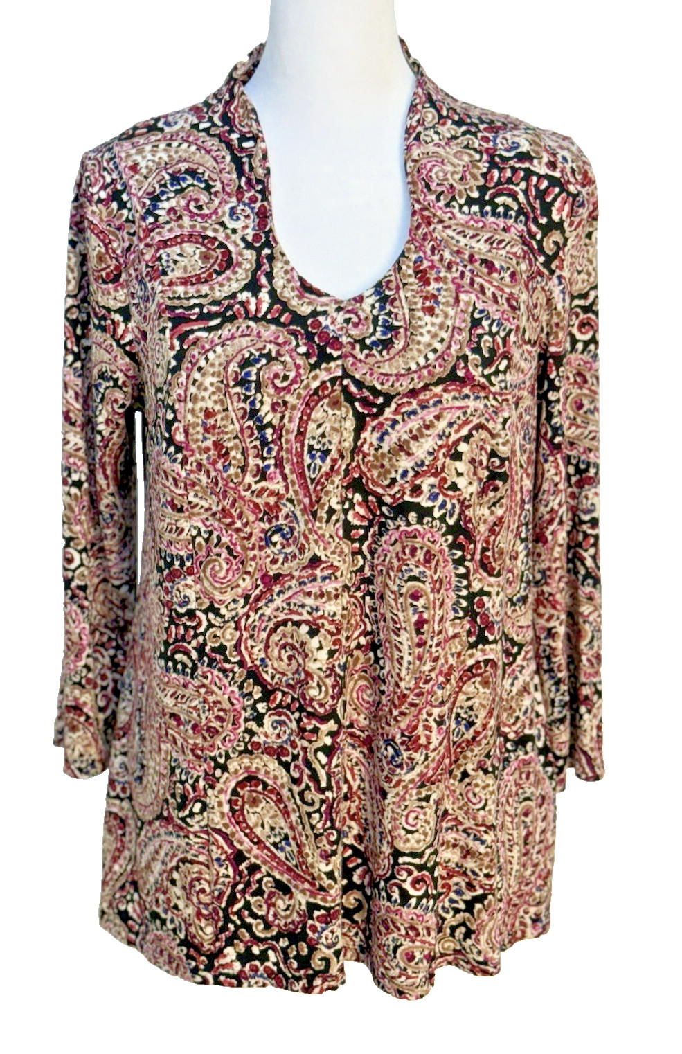 J. Jill Wearever Paisley Top S Black Burgundy Pink V-Neck 3/4 Sleeve Stretch