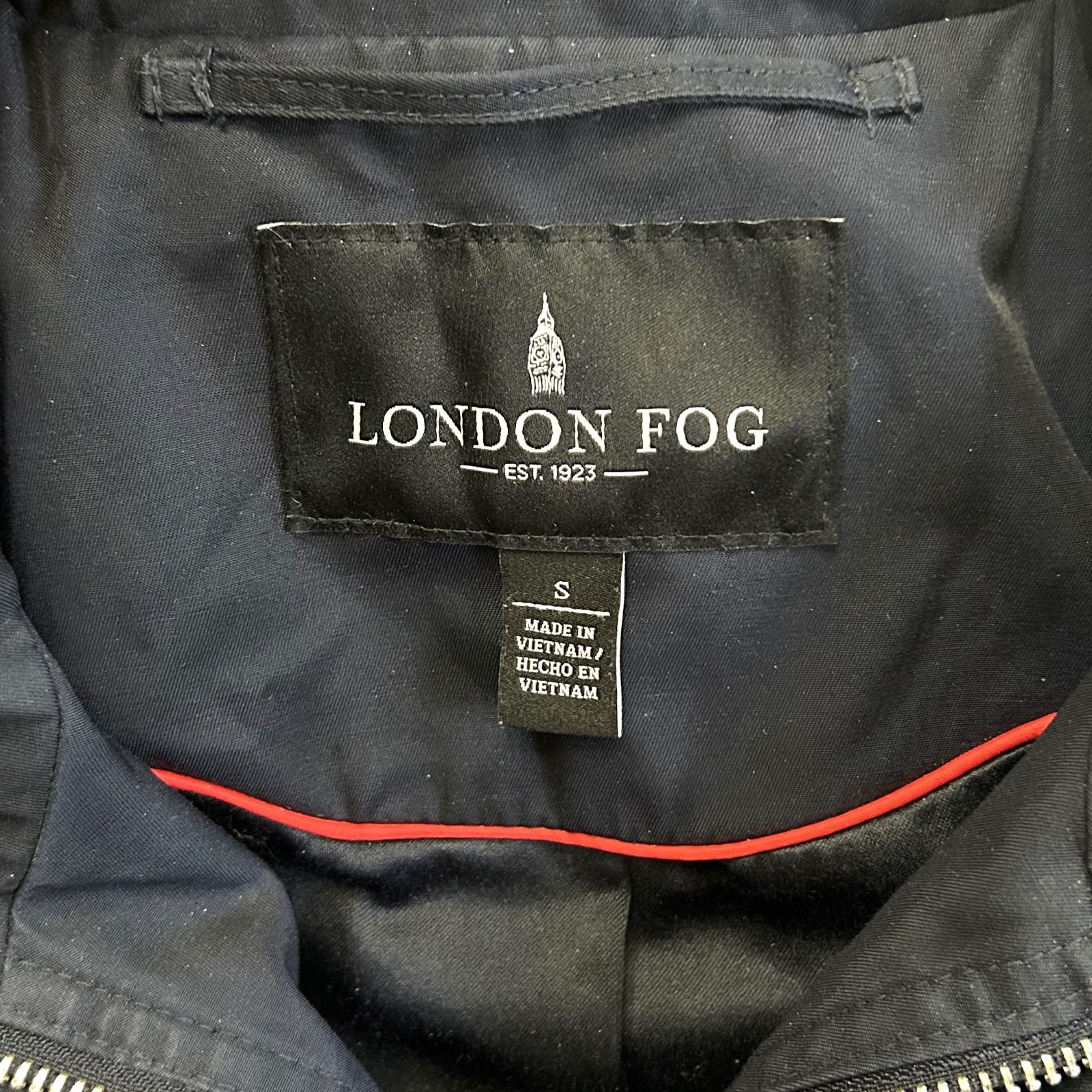 London Fog Women’s Navy Blue Hooded Raincoat Size S Belted Zip Snap Front