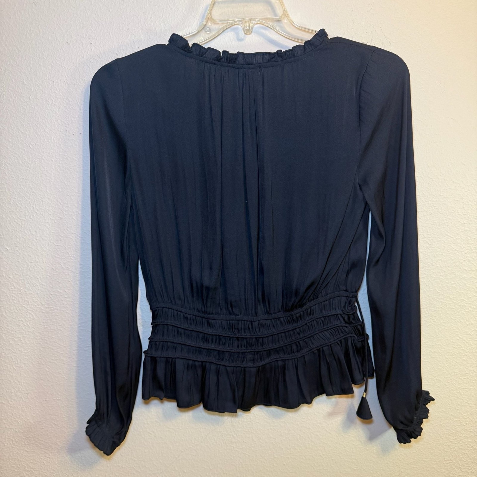 Current Air Navy Blue Smocked Waist Long Sleeve Blouse with Tie Detail