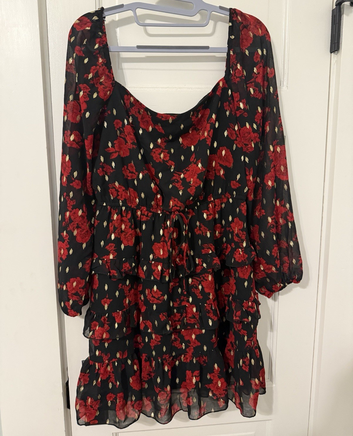 Women’s Black/Red Floral Chiffon Mini Dress S Long Sleeve Square Neck Ruffle