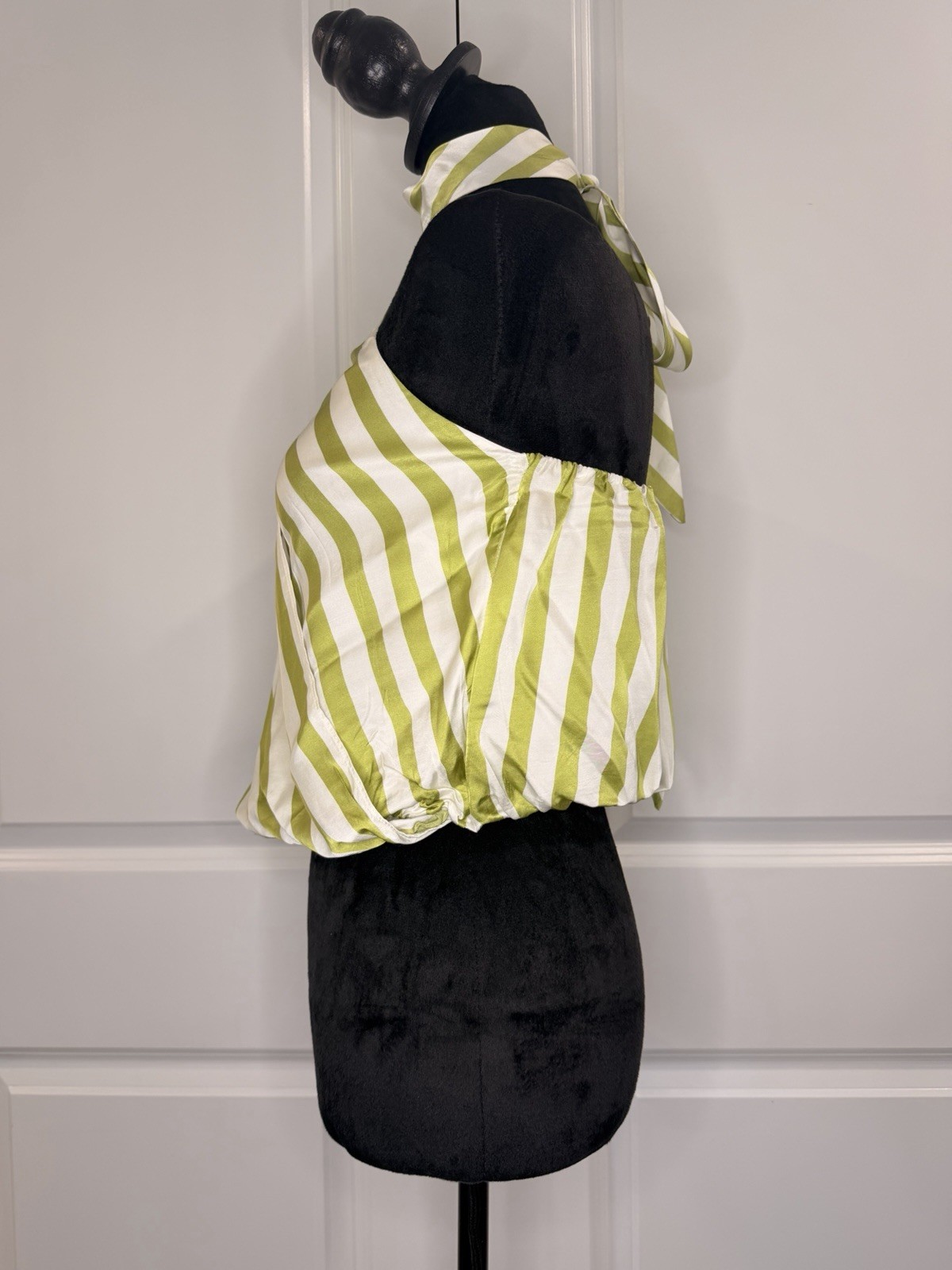 Maeve Green/White Striped Satin Viscose Halter Backless Tie-Back Top XS