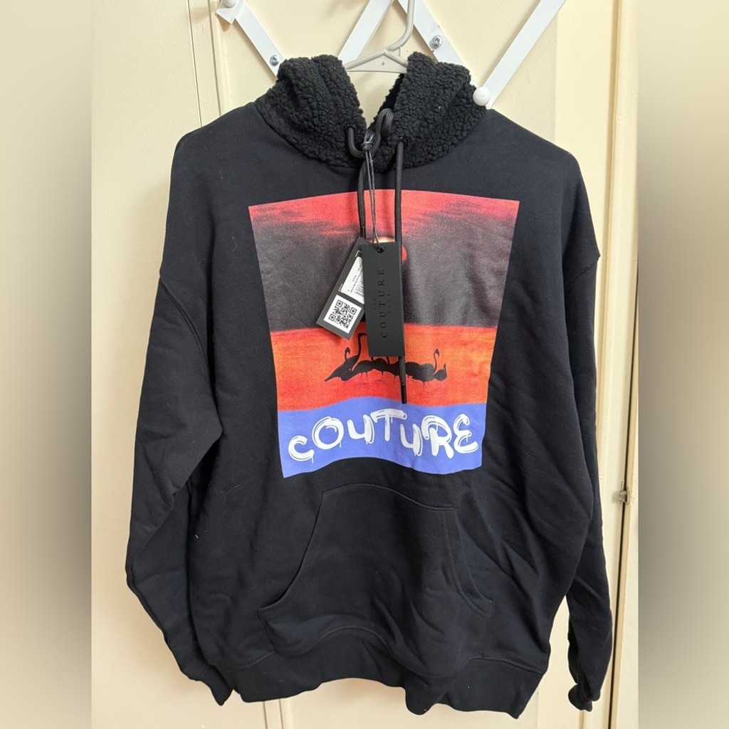 Couture Club Graphic Hoodie with Sherpa Lined Hood Size S NWT