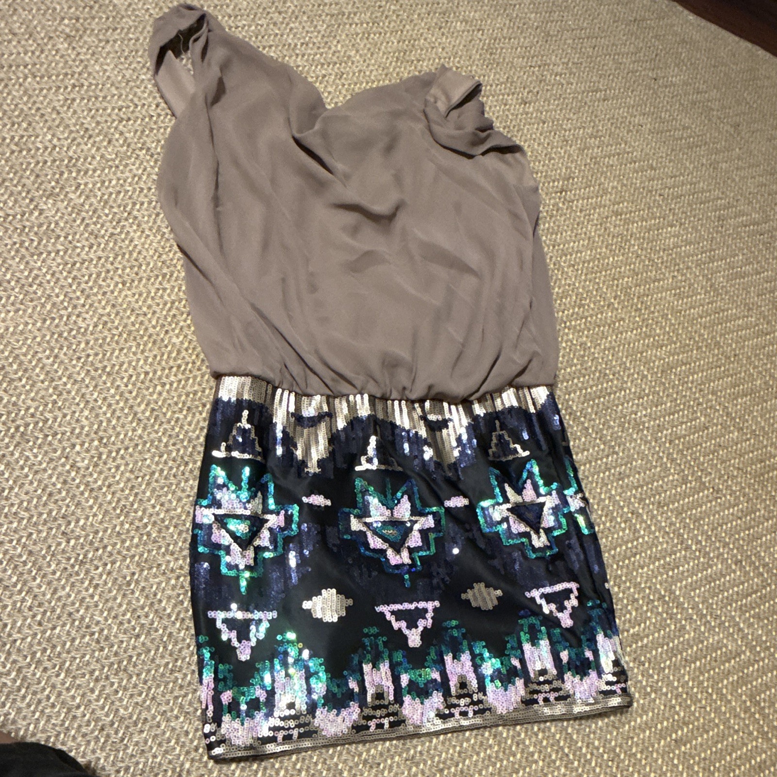 AS U WISH Halter Mini Dress Taupe Multi Geometric Sequin Chiffon Sleeveless M