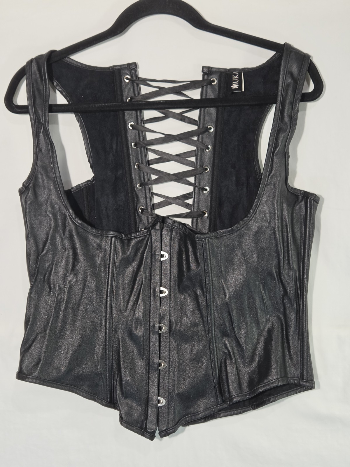 MUKA Corset Vest Womens XL Black Faux Leather Lace Up Back Punk Goth Edgy Grunge