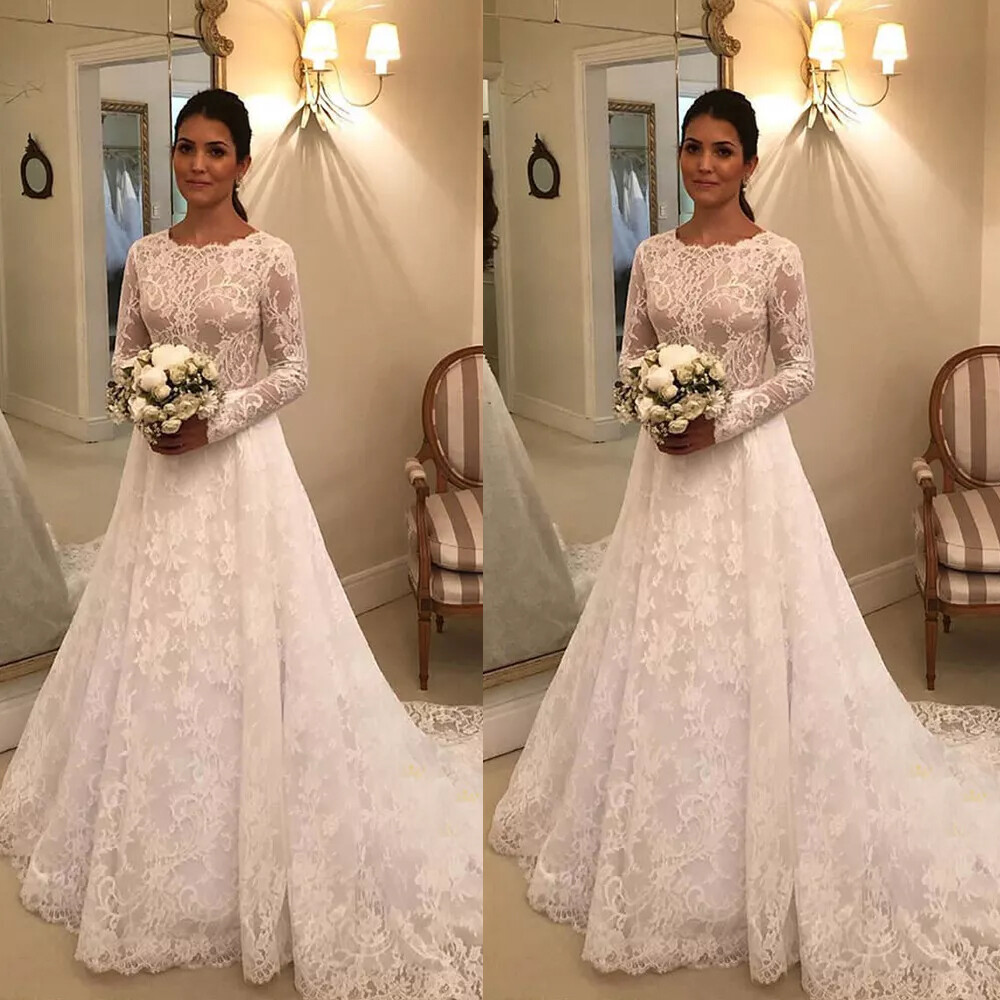Vintage Long Sleeve Wedding Dresses with Train Lace Appliques White Bridal Gowns