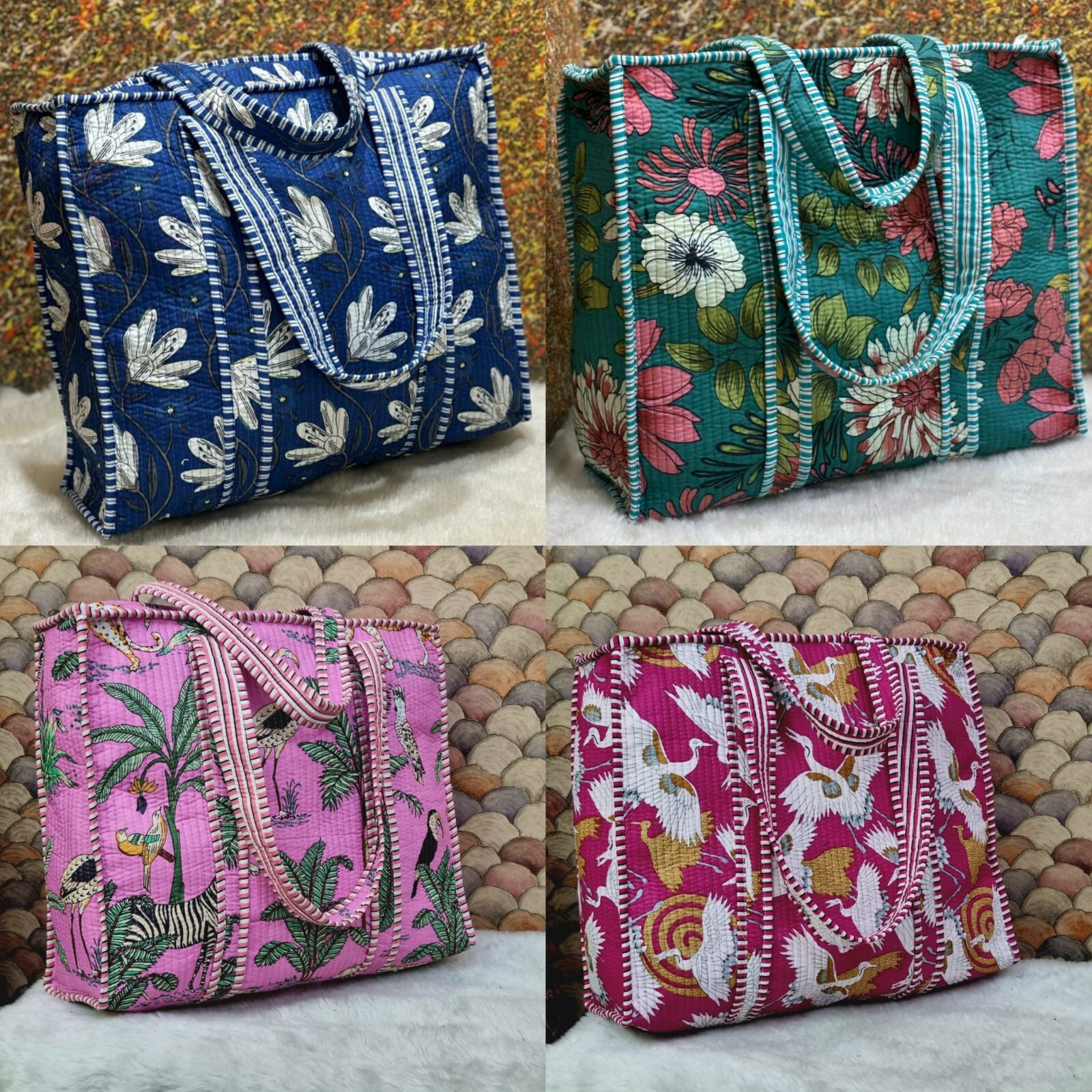 Assorted Pack Boho Quilted Cotton Printed Reversible Tote Bags Shopping Bag