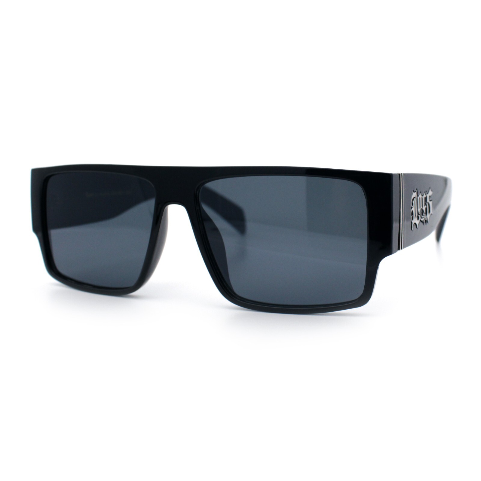 Locs Flat Top Thick Temple All Black Gangster Rectangle Plastic Sunglasses