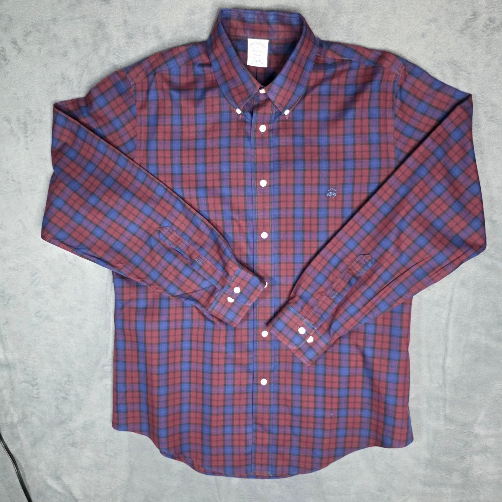Brooks Brothers Regent Shirt size L Burgundy Blue Plaid Supima Cotton Non-Iron