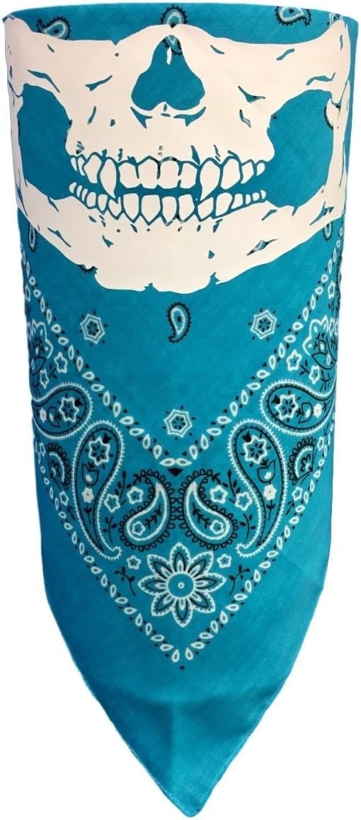 Turquoise Blue Paisley VELCRO®brand ADJUSTABLE WHITE SKULL Reversible Bandanna
