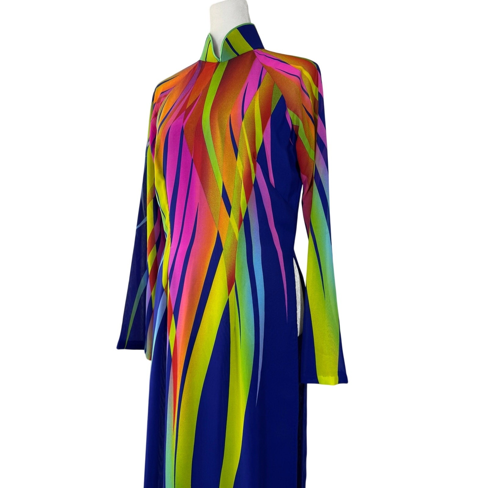Multicolored Semi-Sheer Long Sleeve Ankle Length Tunic w/ High Side Slits