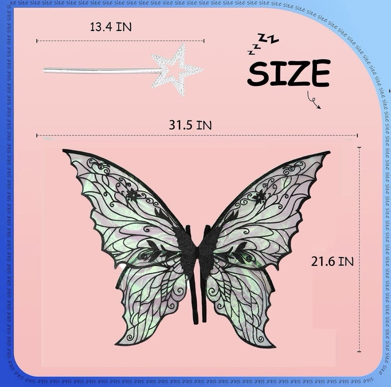 Fairy Wings 31.5″x21.6″ Floral Garland Fairy Hair Tinsel Wand Elf Ears Costume