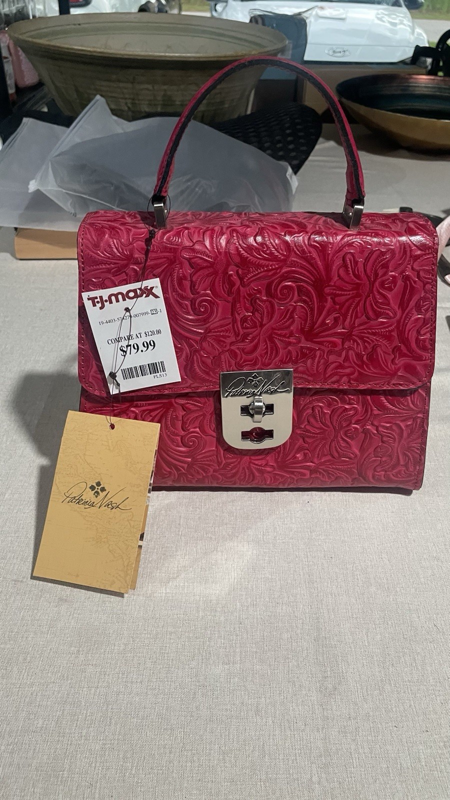 Patricia Nash Red Embossed Floral Top Handle Satchel w Detachable Strap
