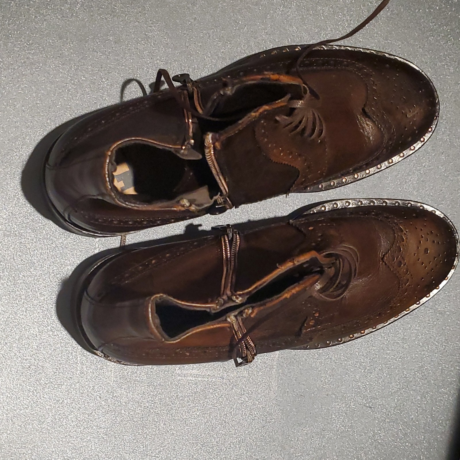 Men’s Brown Leather Wingtip Ankle Boots Lace-Up Side Zipper EU Sz R40/L41 Italy.