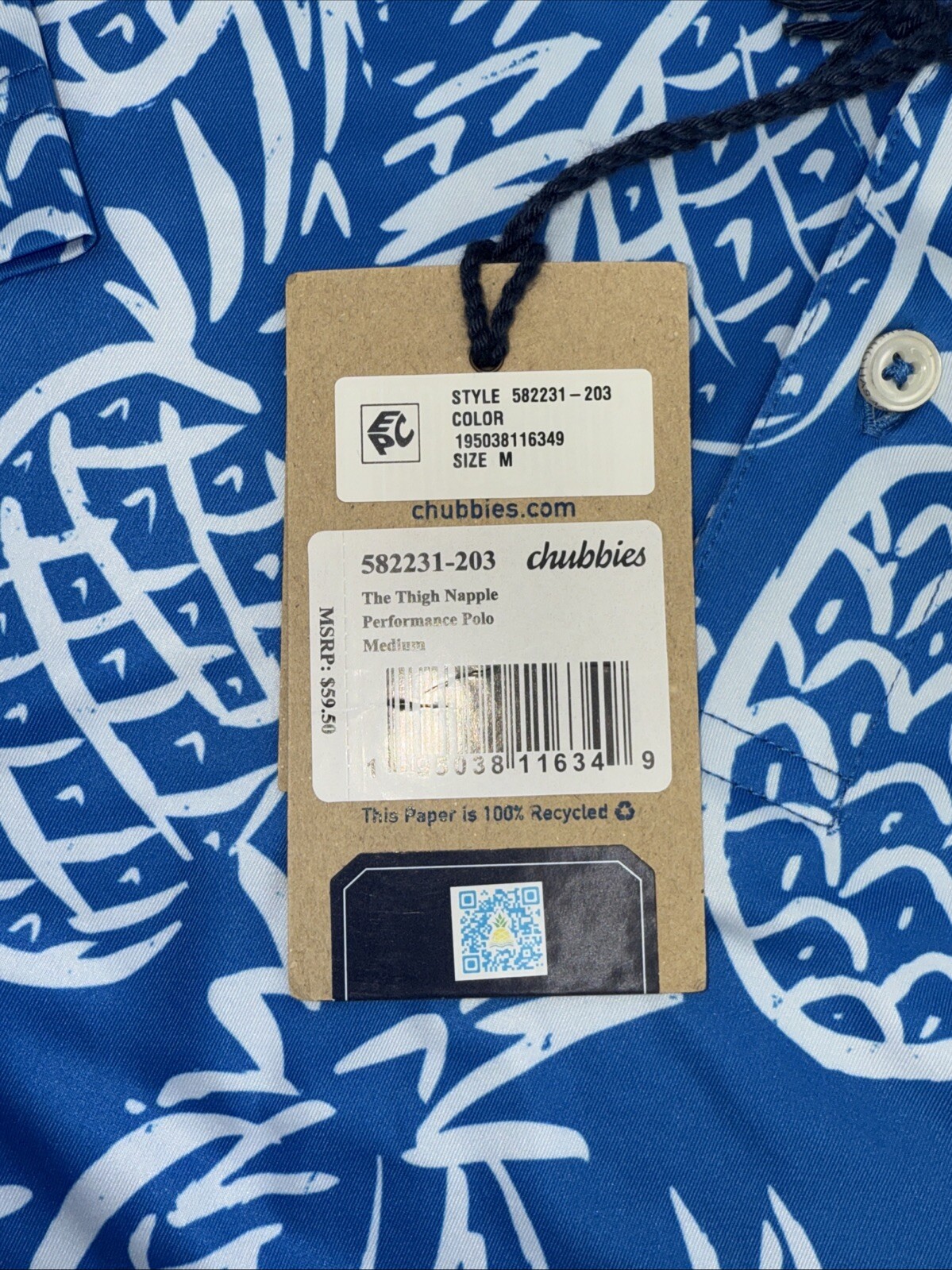 Chubbies Men’s The Thigh Napple Performance Polo Shirt-Blue Pineapple-Medium-New
