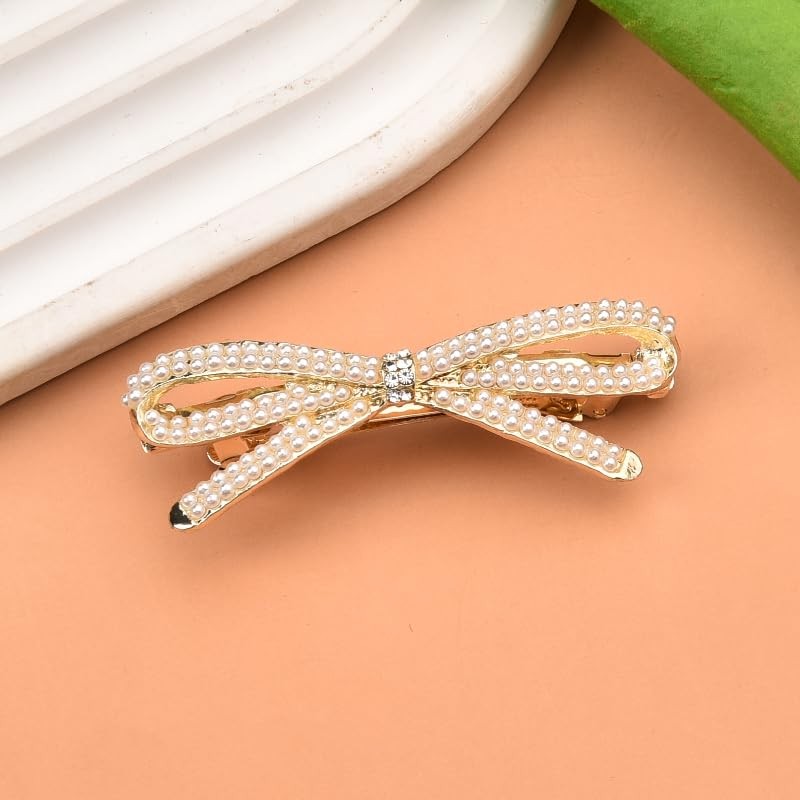 French Bow Crystal Rhinestone Pearl Hair Clips Barrette Gold Bridal Wedding