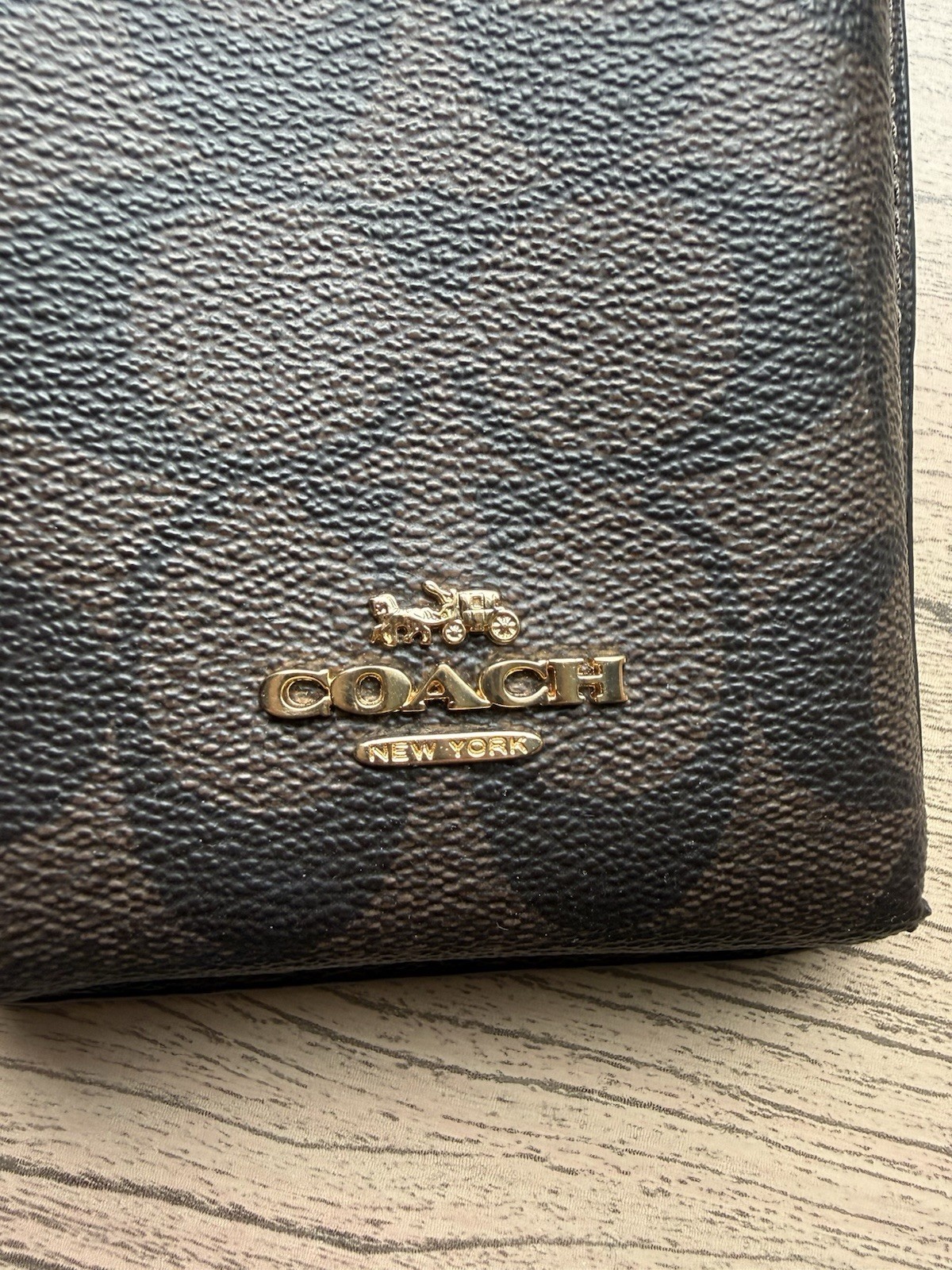 COACH C7397 North South Phone Crossbody Signature Canvas Brown Black Gold Chain