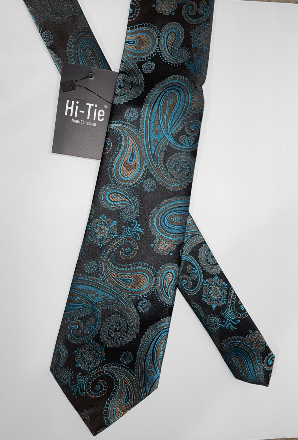NWT Hi-Tie Silk Paisley Floral Mens Necktie Set Teal Bronze Classic Wedding Ties