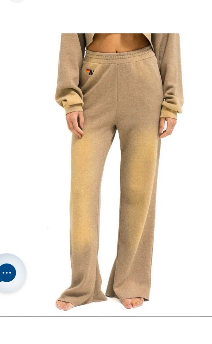 Aviator Nation Women’s S Beige Wide-Leg Fleece Sweatpants Pockets Logo
