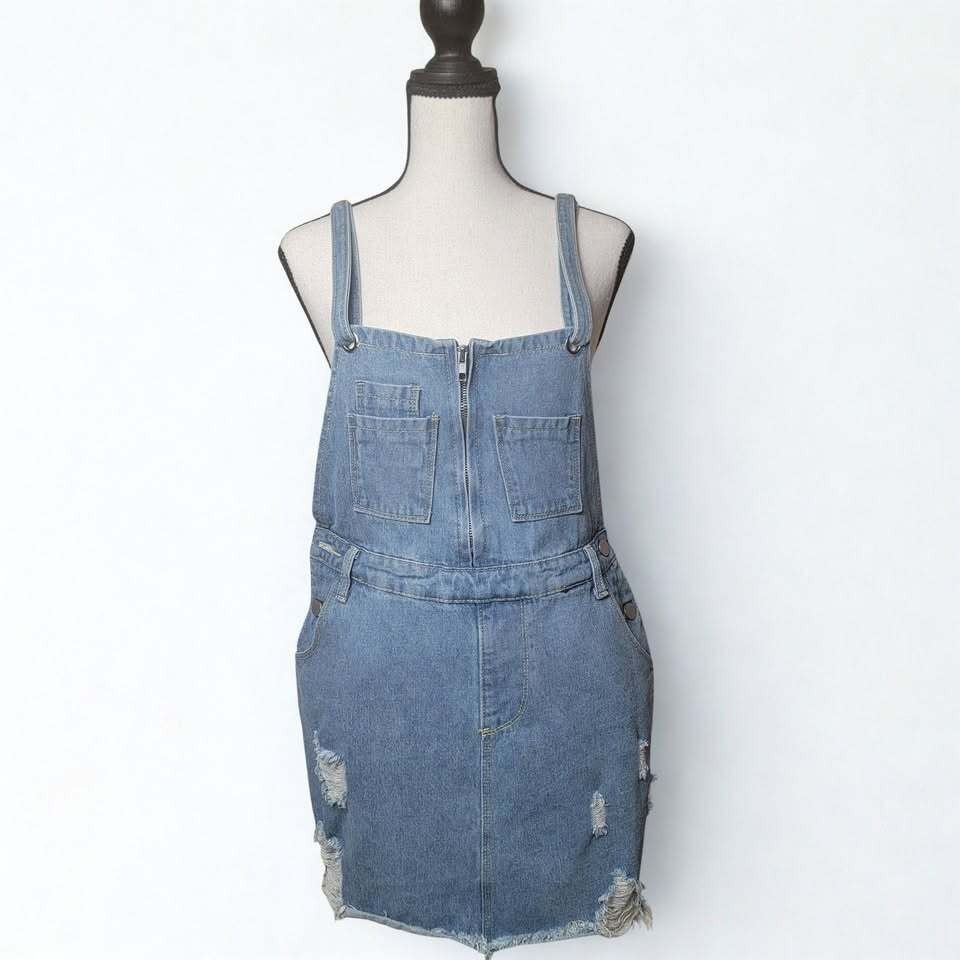 Emory Park Women’s Small Distressed Denim Overall Mini Skirt Light Wash Y2K Bib