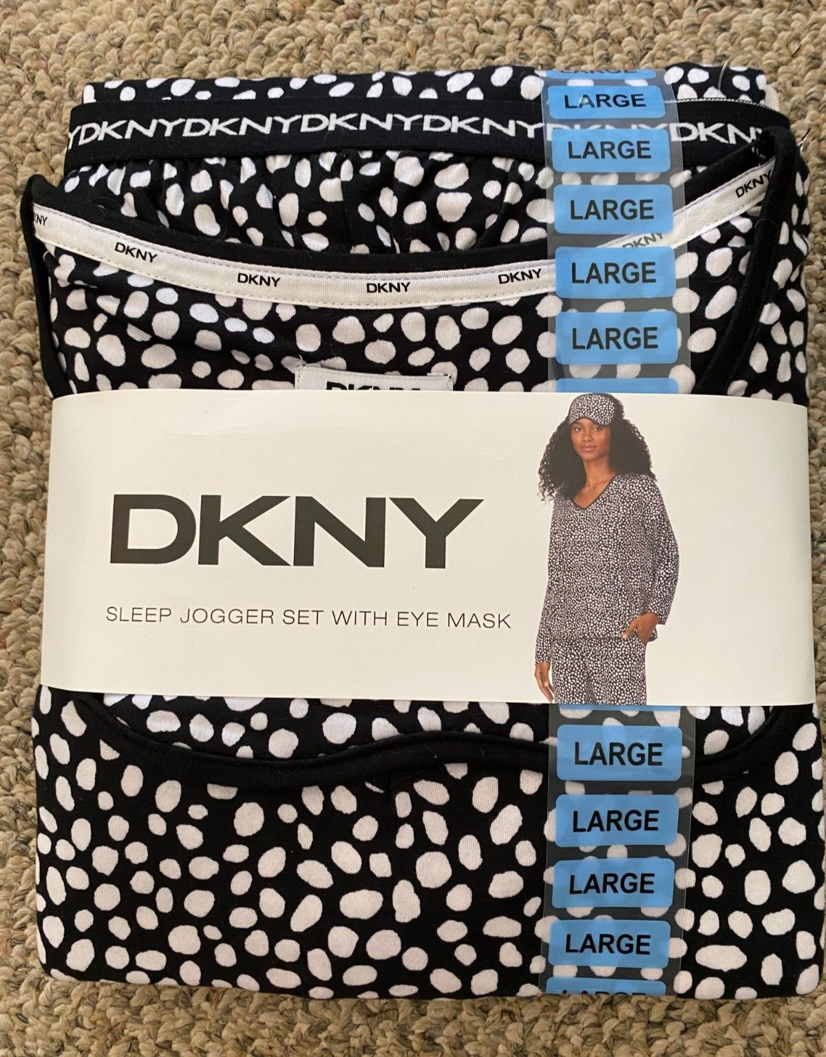 DKNY Jogger Pajama Set with Eye Mask Black Dot Lounge Pajamas Women’s L Large