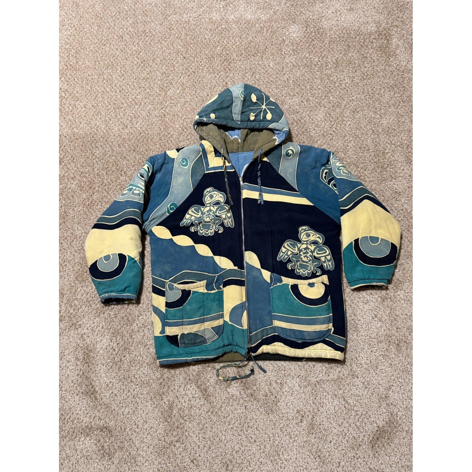 Asian Creations Jacket Mens Medium Blue Batik Eagle Mask Quilted Hooded Zip Up