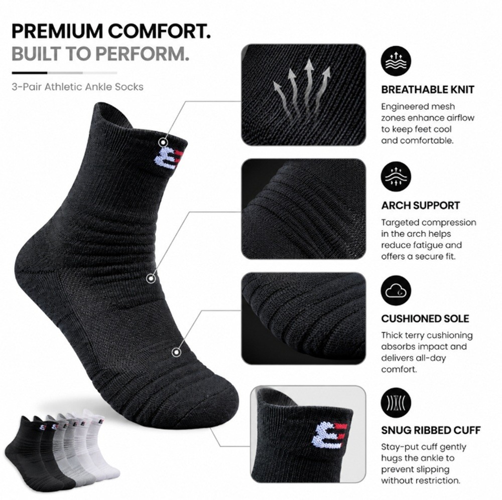 3-Pack Men’s Cotton Compression Sports Socks – Athletic Mid-Crew Training Socks