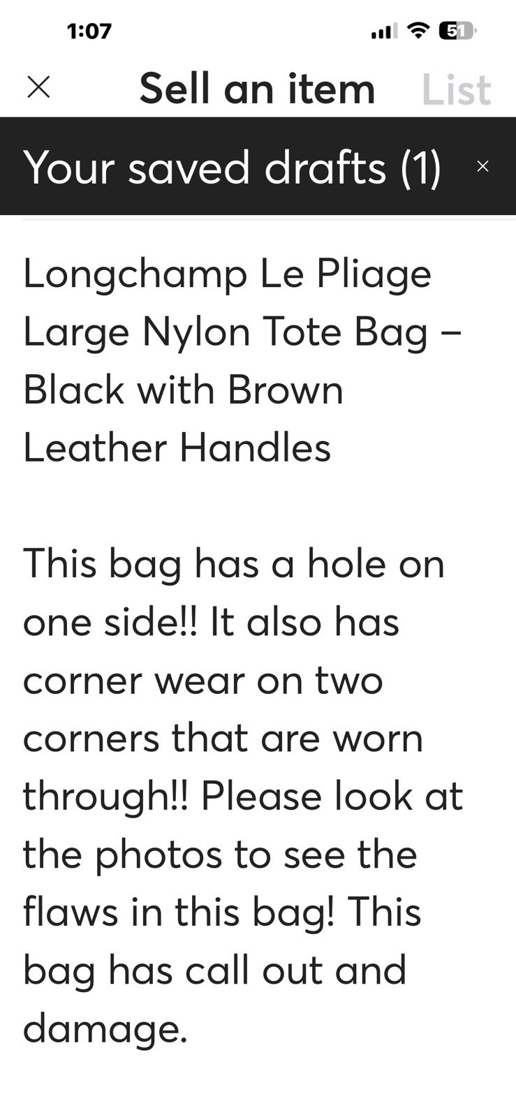 Longchamp Le Pliage Large Black Tote, Brown Leather Handles, Gold Hardware