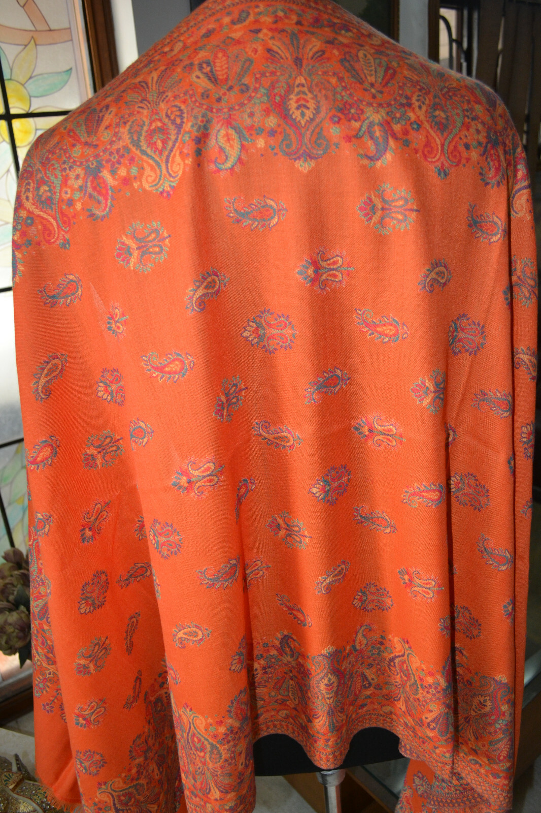 Orange KANI WEAVE Jamawar Stole Wool Blend Pashmina Jamavar Paisely