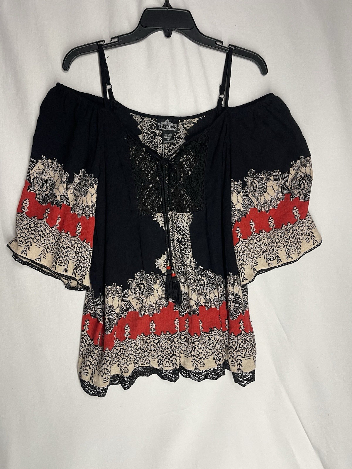 Angie Cold Shoulder Crochet Tassel Bell Sleeve Top Hippie Boho Size M Paisley