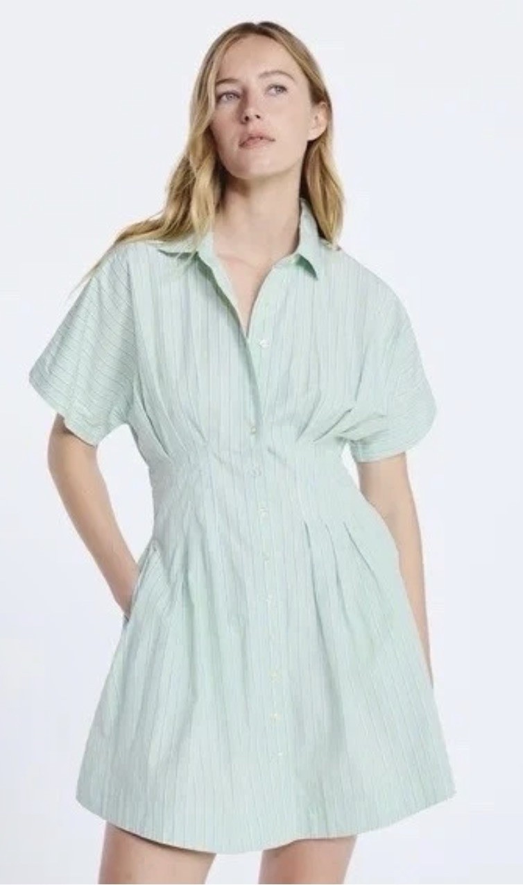 Free Assembly Women Corset Midi Green Stripe Dress Shirt Pockets Large NWT#17031
