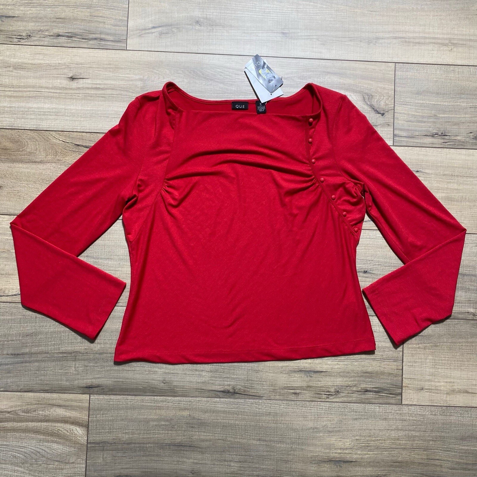 Q.U.E Womens Draped Neckline Long Sleeve Top Size XL Wild Cherry