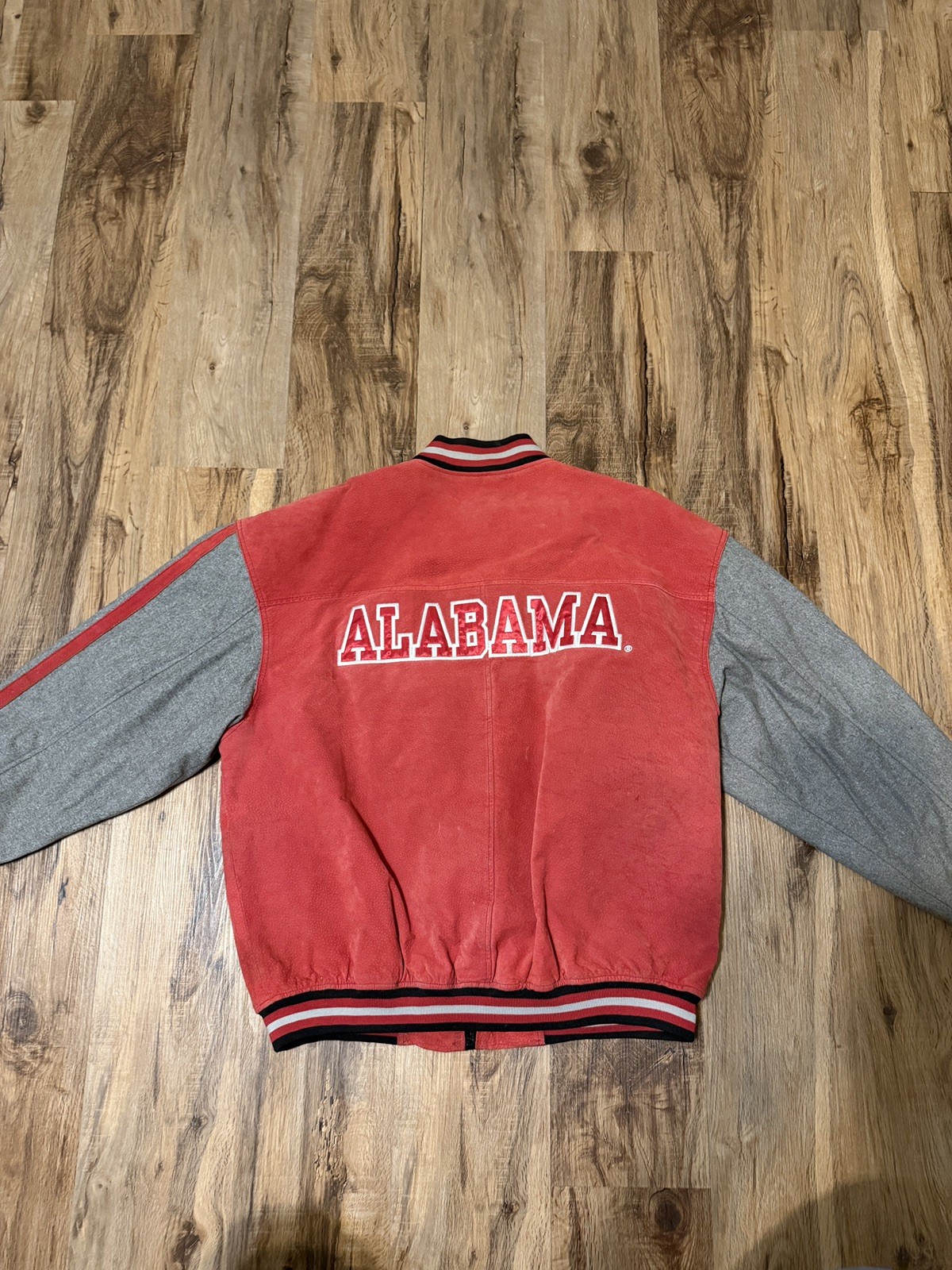 Alabama Large Leather Suede Quilted Bomber Jacket Red Gray Collegiate