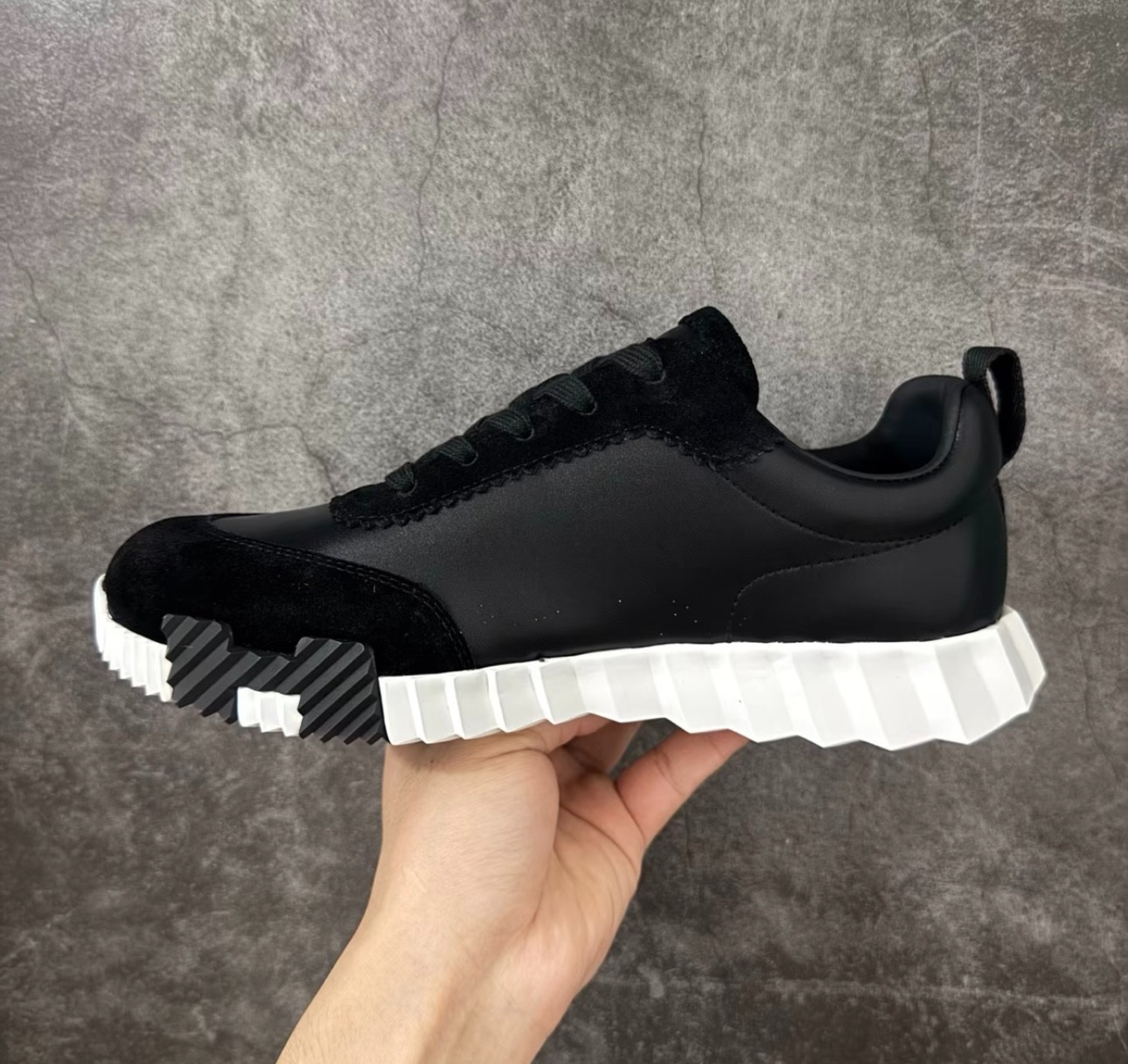 Hermes Bouncing Sneakers Black White Leather Lace Up Designer Shoes Men
