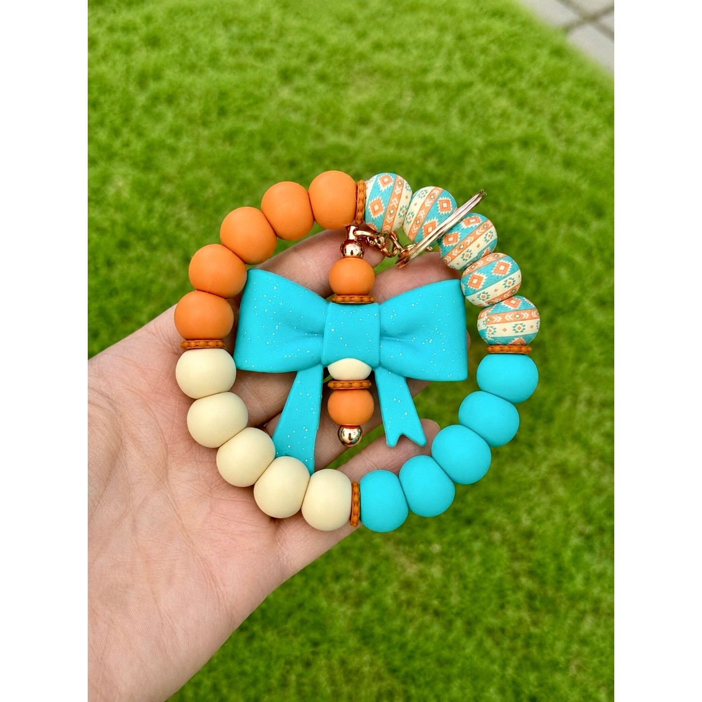Beaded Silicone Wristlet Keychain with Detachable Turquoise Bow Charm Boho