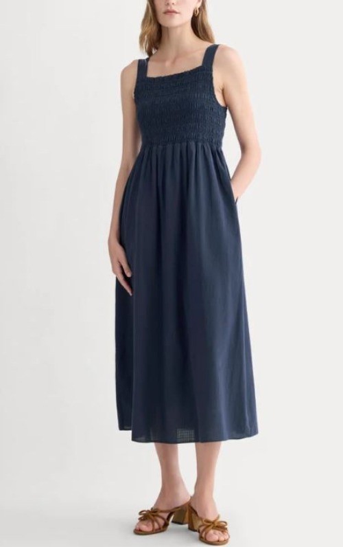 Everlane The Gauze Smocked Midi Dress Navy Blue Size S NWT