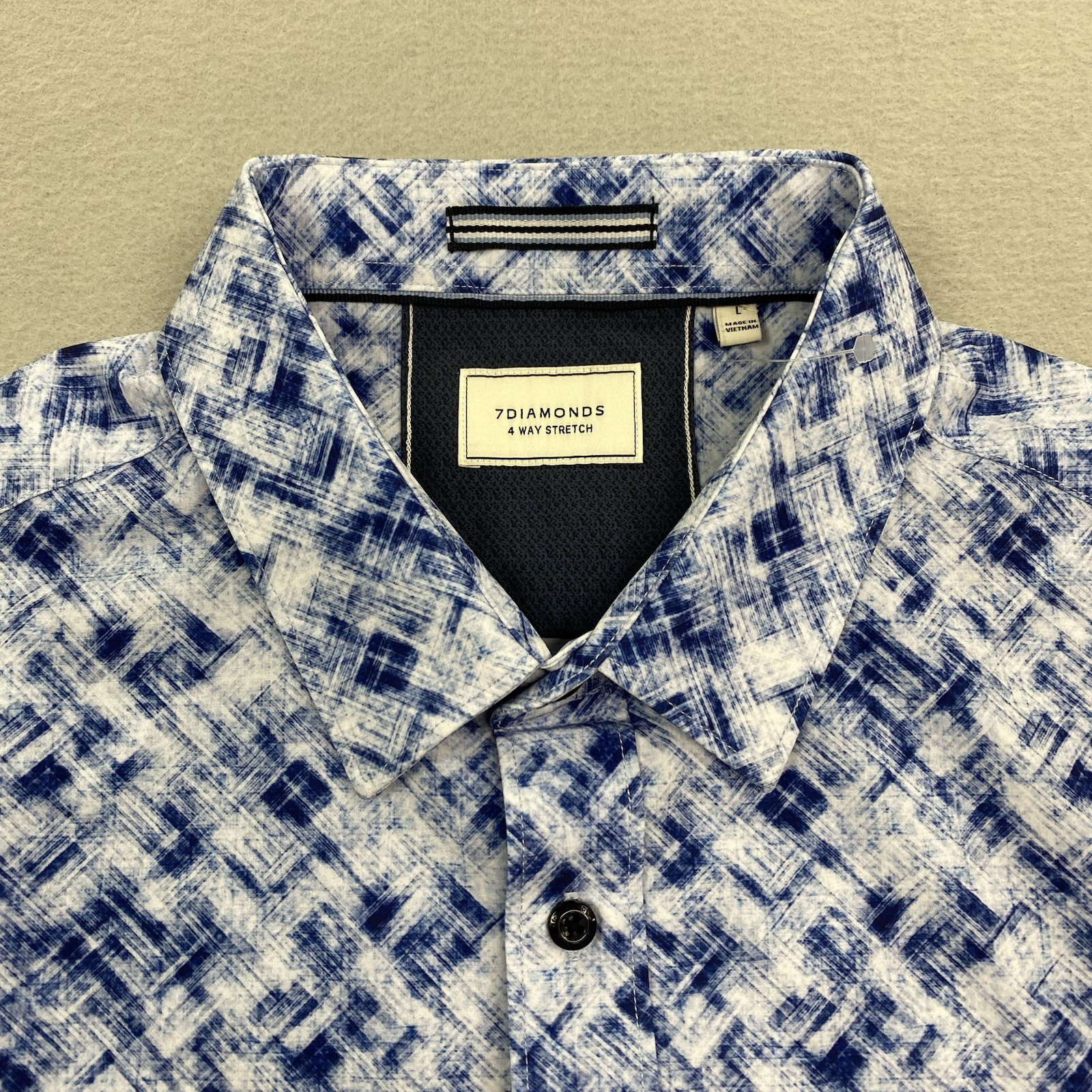 7 Diamonds Shirt Mens Large Blue Button Up 4 Way Stretch Geometric Short Sleeve