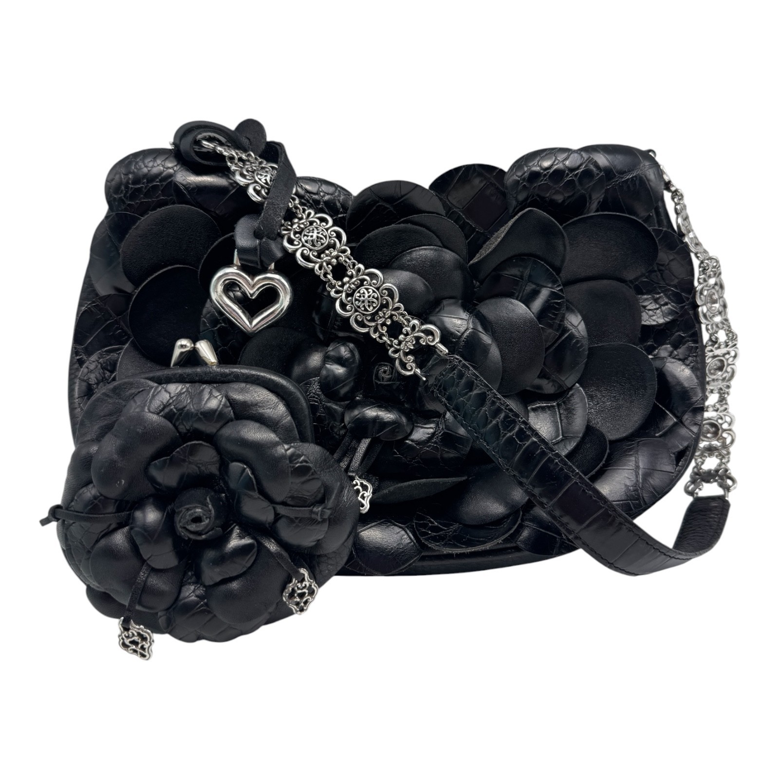 Brighton Rosalie 3D Flower Petal Black Leather Shoulder Purse with Coin Purse