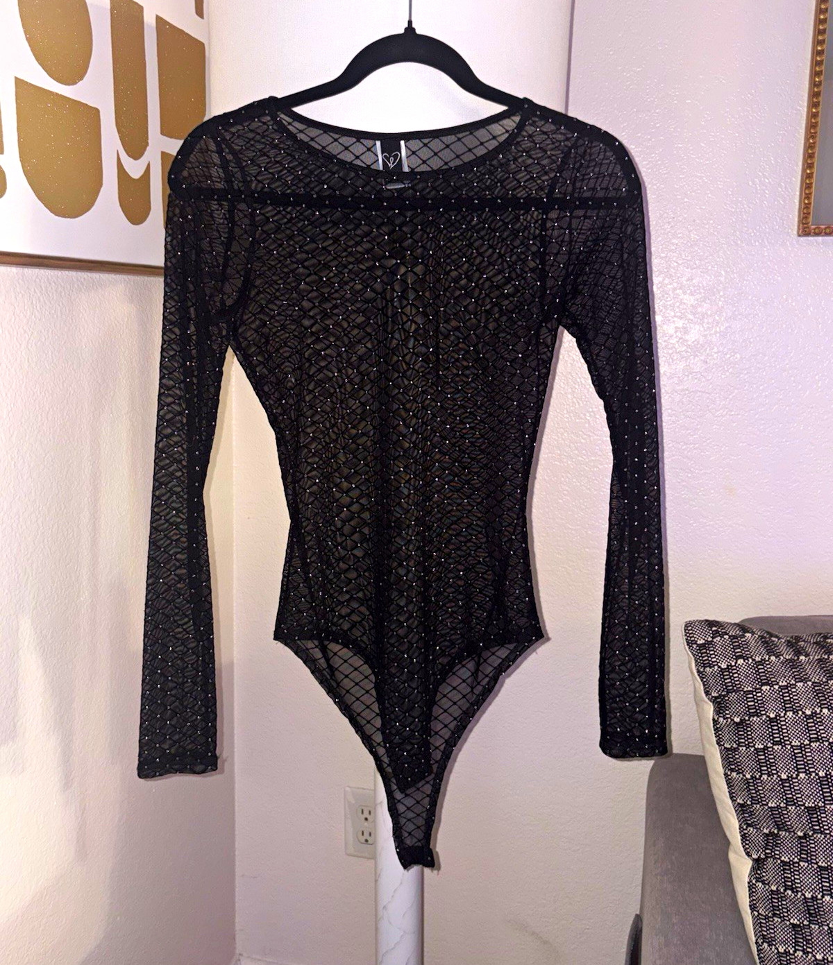 Women’s Black Solid Semi-Transparent Long Sleeve One-Piece Bodysuit Wireless S