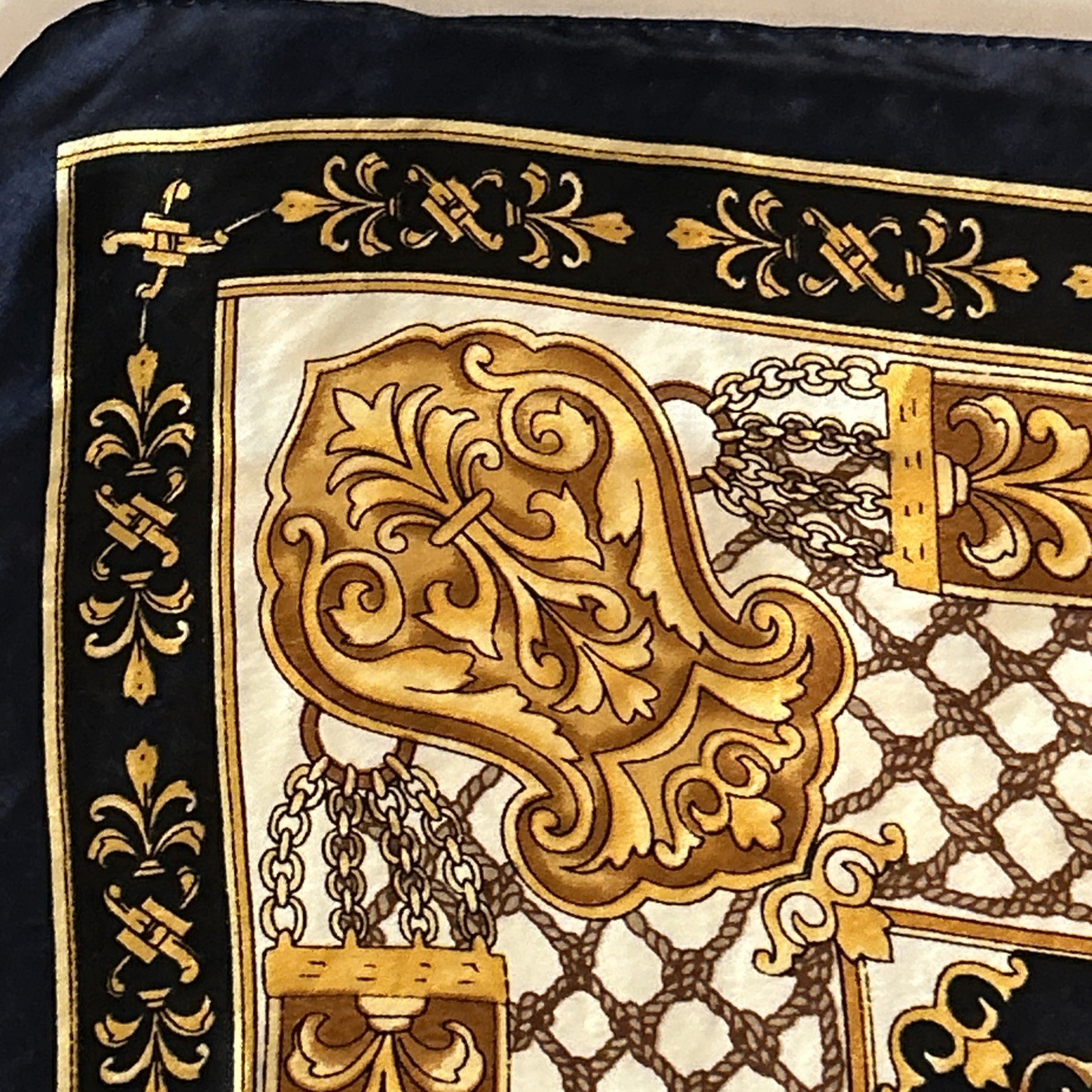 Scarf 100% Silk Gold Navy Blue And Beige Equestrian Scarf 20 Inches By 20 Inches