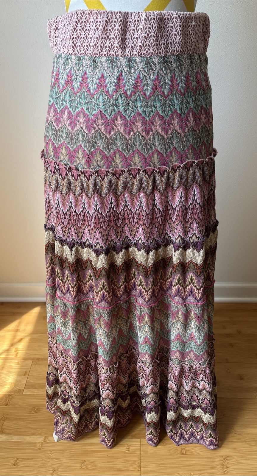 Lapis Boho Crochet Lace Maxi Skirt Tiered Ruffle Trim Size PL Multicolor Lined