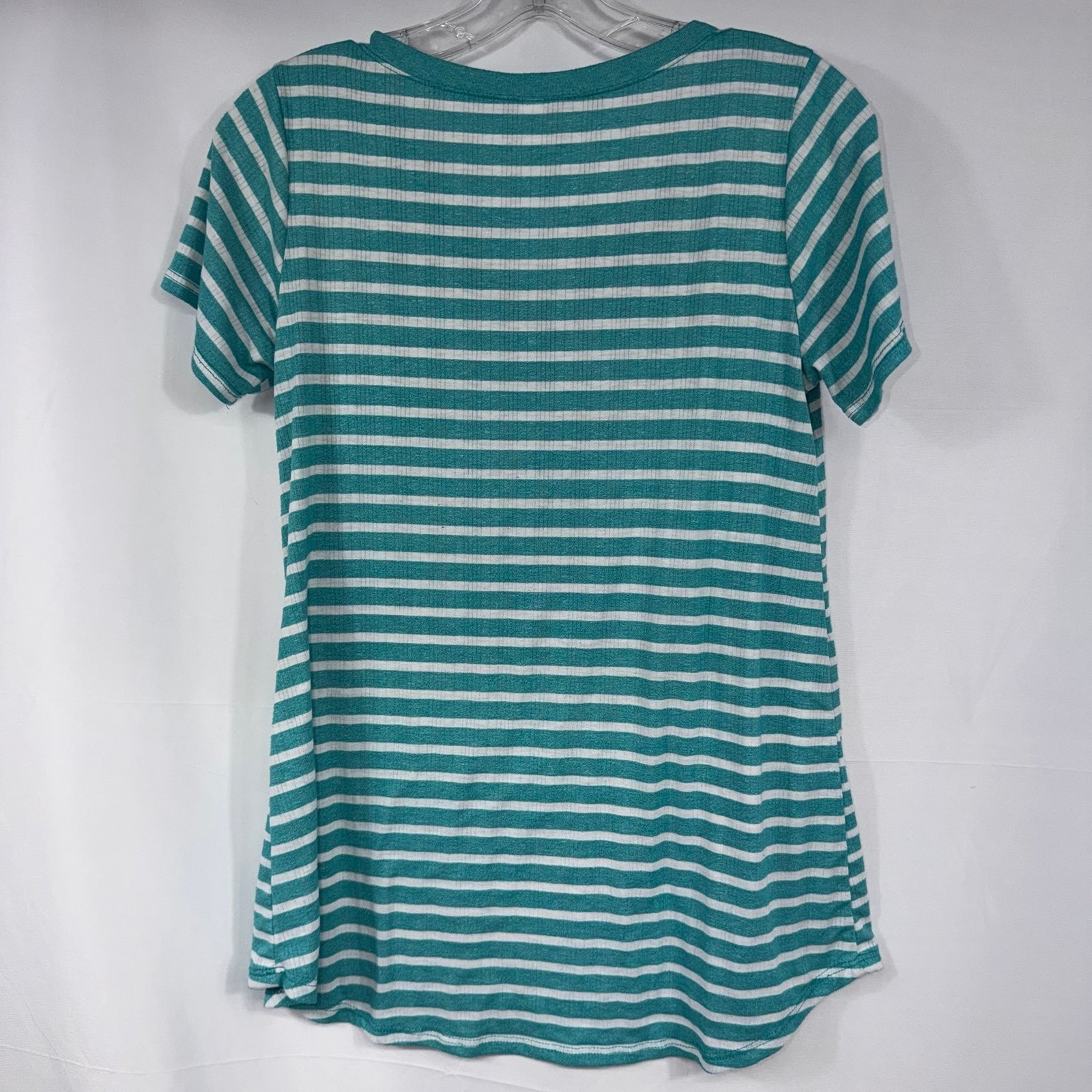 LuLaRoe Simply Comfortable Women’s Green & White Striped Ribbed V-Neck Tee XXS