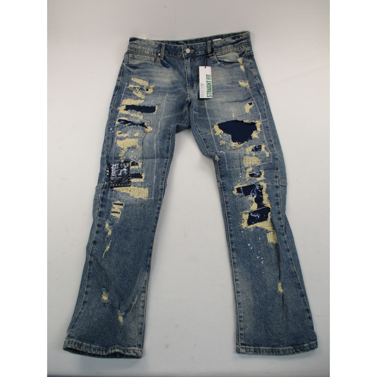 First Row Jeans Men 36 Blue Straight Fit Y2K Distressed Patchwork Splatter