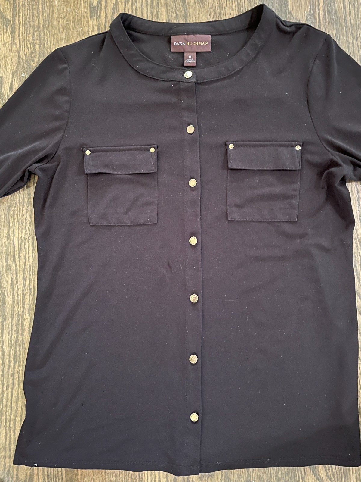 Dana Buchman top medium black roll tab button up shirt with gold buttons