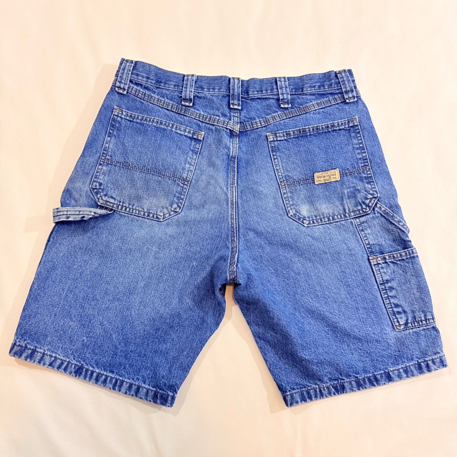 Wrangler Carpenter Shorts Men 34 Blue Good Denim Utility Workwear Hammer Loop
