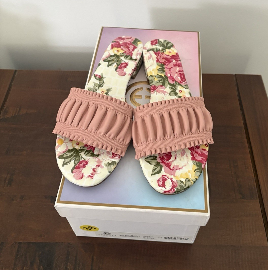 Cecilia New York Women’s Pink Floral Fringe Leather Slide Sandals Slip On 6