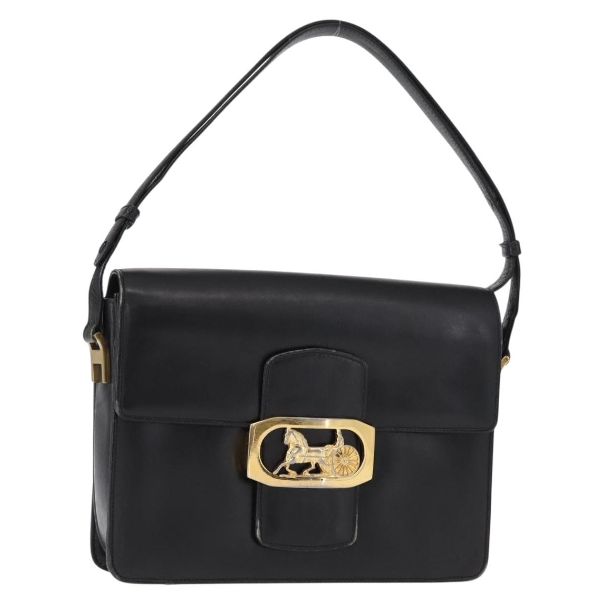 CELINE Horse Carriage Shoulder Bag Leather Black Gold Auth 155706