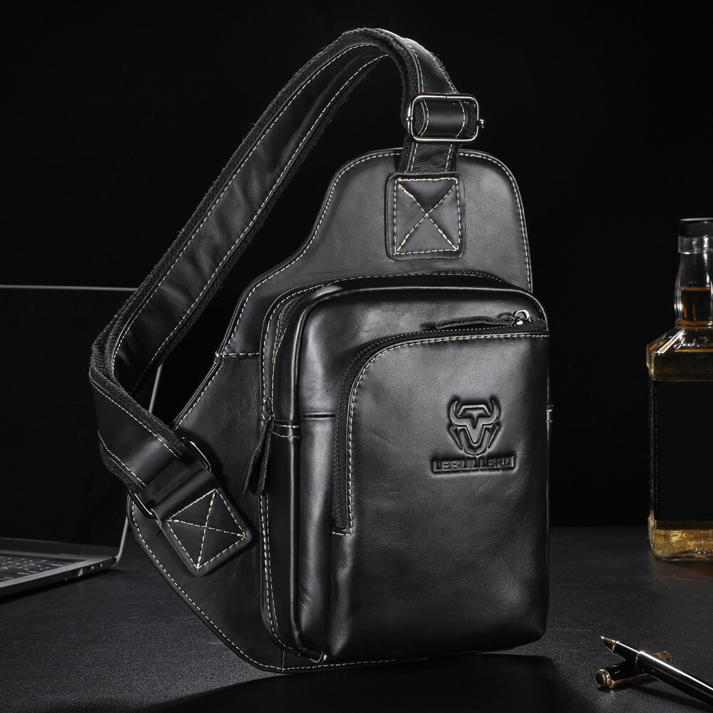 Chest bag Mens 100% Genuine Leather Shoulder Bag Sling Backpack Daypack Travel
