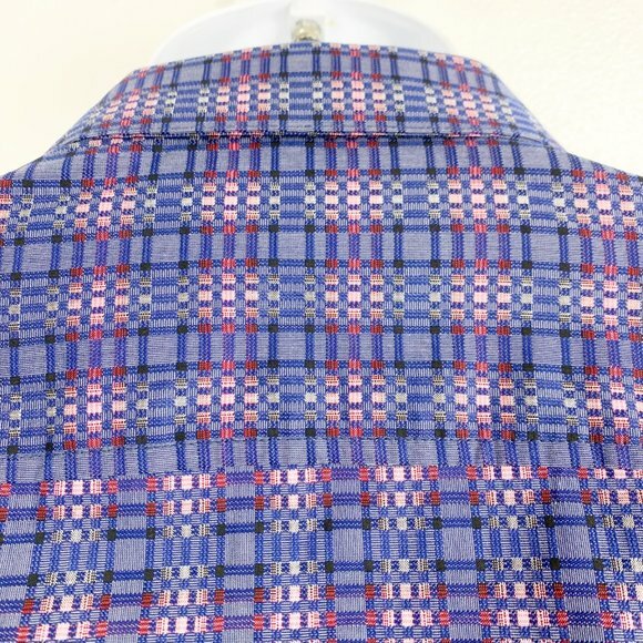 Tasso Elba Button Down Shirt Men Medium Blue Plaid Long Sleeve Cotton Casual