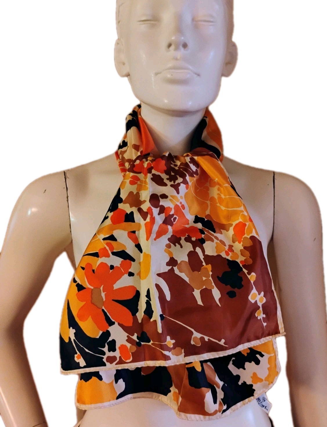 VTG “Totes” Rain Repellent Black, Orange, Yellow & Tan Abstract Floral Scarf