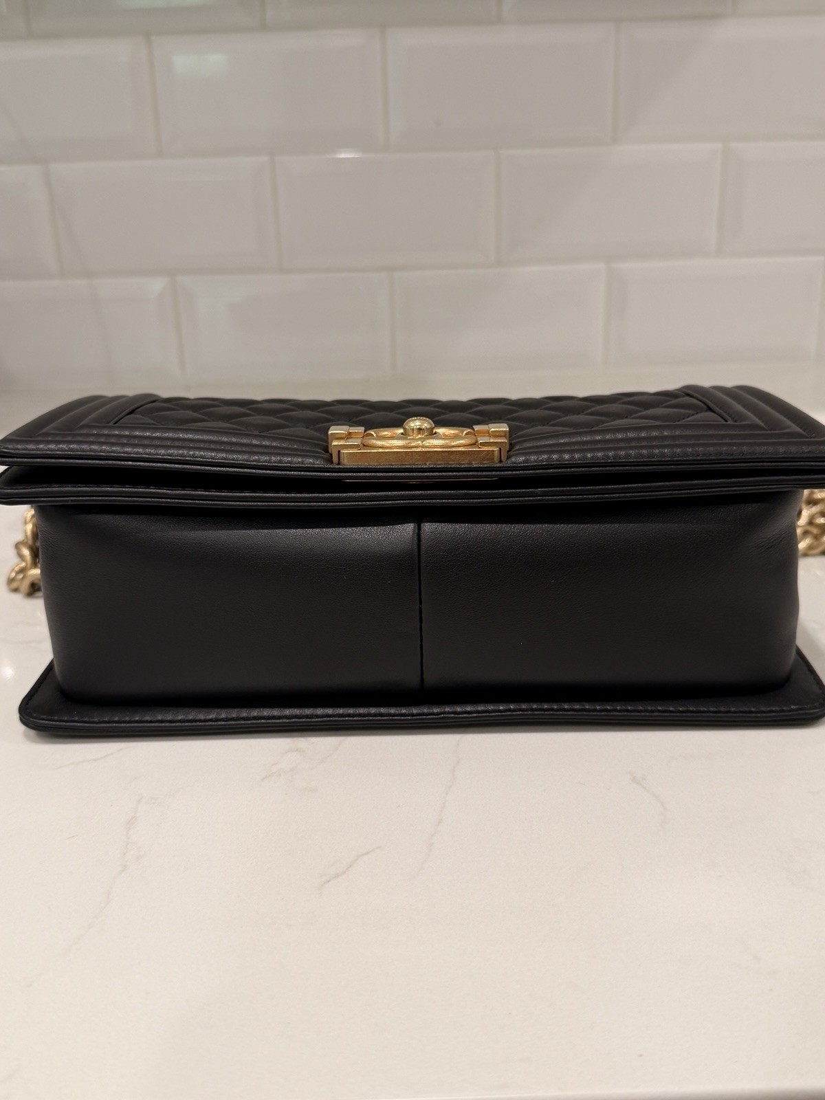 Exceptional CHANEL Boy Gold Hardware Quilted Shoulder Bag Medium Black Leather